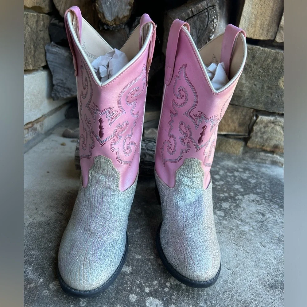 Old West Pink and silver glitter cowboy western kids Boots Sz-1. A - Picture 2 of 12